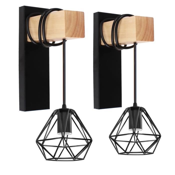 WHITEIN Loft Applique Murale Vintage 2pcs, en Métal Noir Cage et Bois, 16cm E27 Applique Murale Pendentif Lampe Pour Entrée Couloir