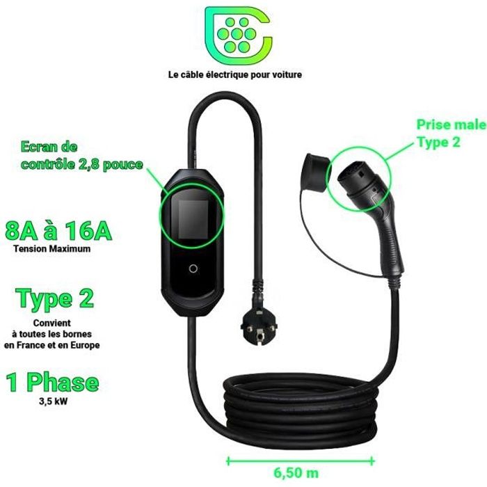 Câble de recharge domestique pour voiture électrique - Type 2 - 6.5M - 8A ou 16A - 3,5KW - IP54