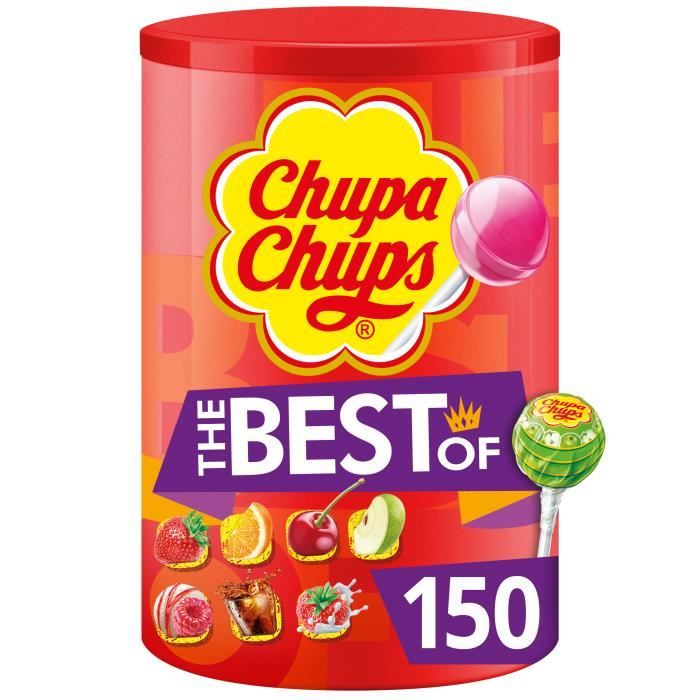 CHUPA CHUPS Tubo de 150 sucettes Best Of - Parfums fraise, pomme, cerise, orange, cola, lait fraise et framboise vanille