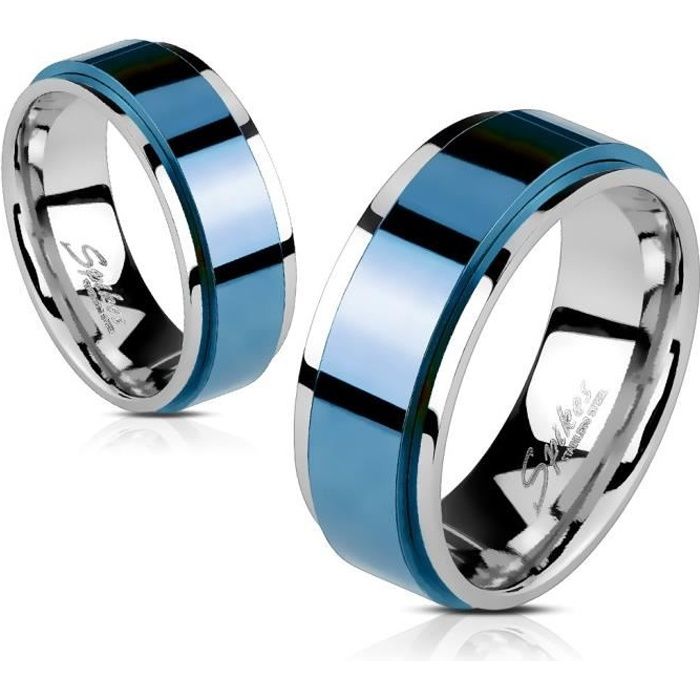 Bague anneau bleu homme femme acier bords couleur argent rotative spin (65)