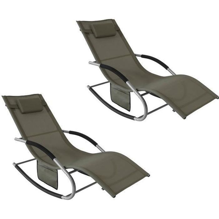 SoBuy OGS28-BR x2 Lot de 2 Bain de Soleil Chaise Longue Fauteuil à Bascule avec Appui-tête et Pochette latérale et Repose-Pieds