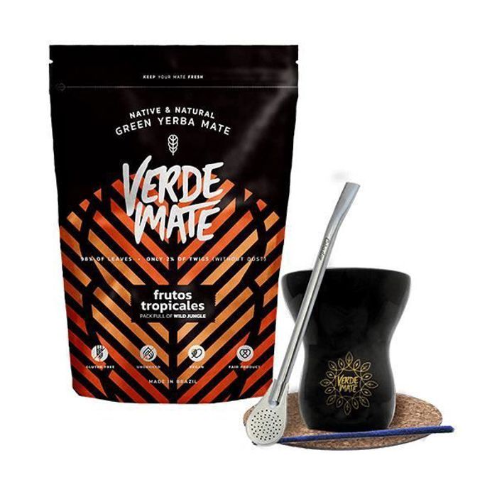 Yerba Mate Kit Noir Matero Calebasses Maté 150 ml + Yerba Mate Verde FRUTOS TROPICALES Non Fumé 500g + Bombilla