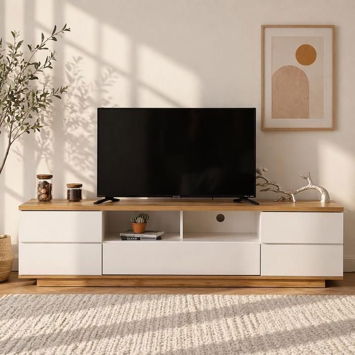 Meuble TV/ Banc TV / Table TV - avec 5 tiroirs-Style Vintage Industrial-180cm-blanc et bois naturel