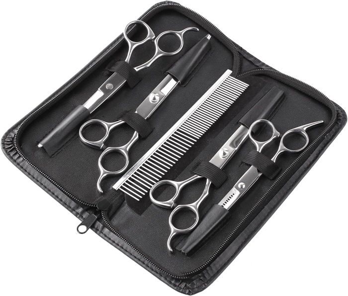 Comparer les prix de Kit de toilettage de ciseaux en acier inoxydable 5 pièces avec poche pour peigne, chiffon de nettoyage pour chiens, chats et animau