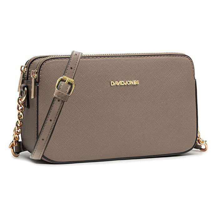 David Jones - Petit Sac Bandoulière Femme - Besace Chaînes Porté Epaule Cuir PU 3 Compartiments - Sacoche Multipoche - Marron Taupe