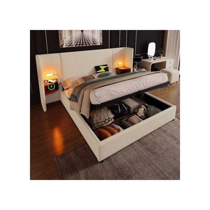 Lit Double Rembourré 180x200 cm avec Table de Nuit et Lampe et Chargeur USB-C Lit Coffre Rangement et Sommier Bois Massif Lin