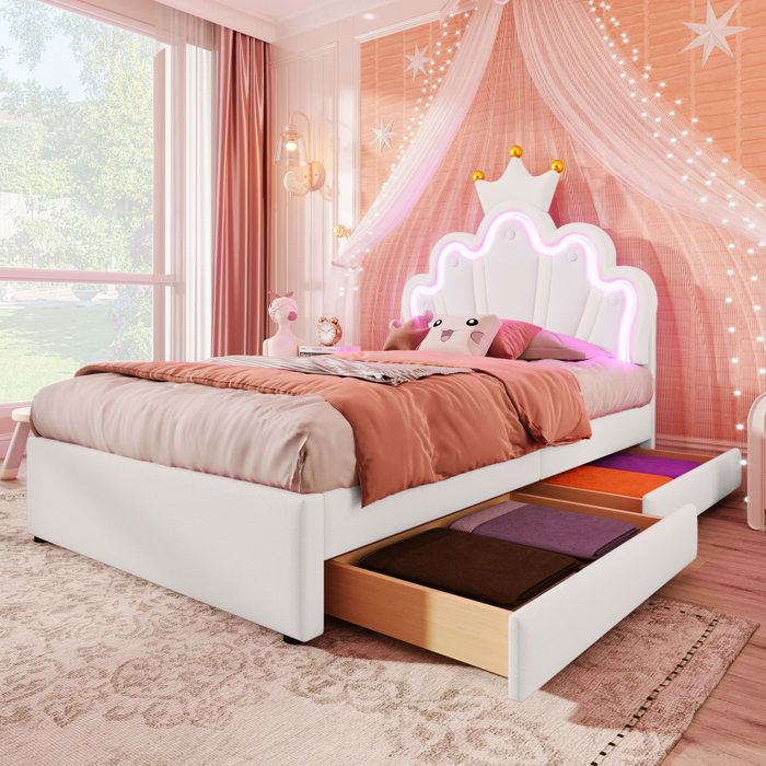 Lit rembourré 90 x 200 cm sans matelas lumière ambiante télécommandée lit avec 2 tiroirs lit princesse en forme de couronne