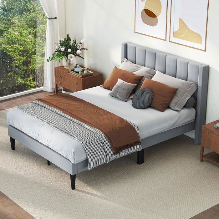 COSTWAY Structure de Lit Double avec Tête de Lit Sommier Tissu Velouté Support Lattes en Bois Patins Réglables Charge 250 kg