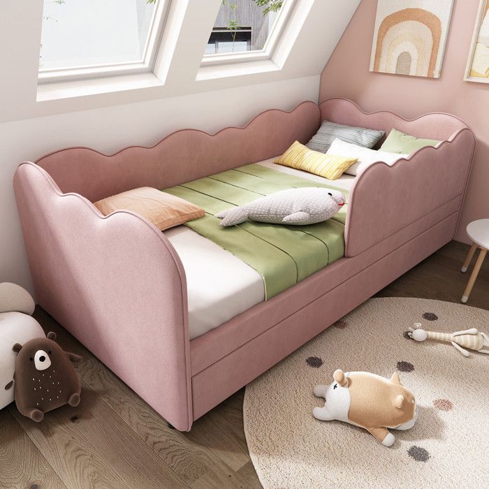 Lit rembourré Daybed - Velours - Rose - Lit gigogne - 90x190cm - Sans matelas