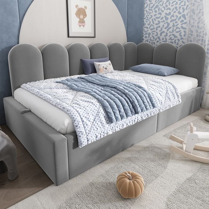 Canapé-Lit Kehun 90 x 200 cm Lit Simple avec de Rangement Hydraulique Lit Pour Enfant avec Sommier à Lattes Velours Gris