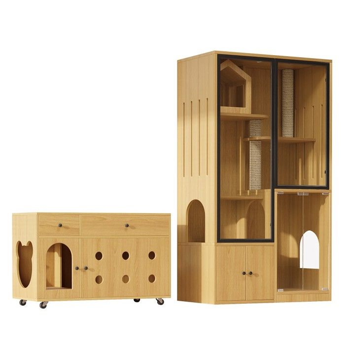 Niche Meuble pour chat avec villa intégrée maison en verre et espace litière - Commode multi-fonctions couleur bois dérable jaune