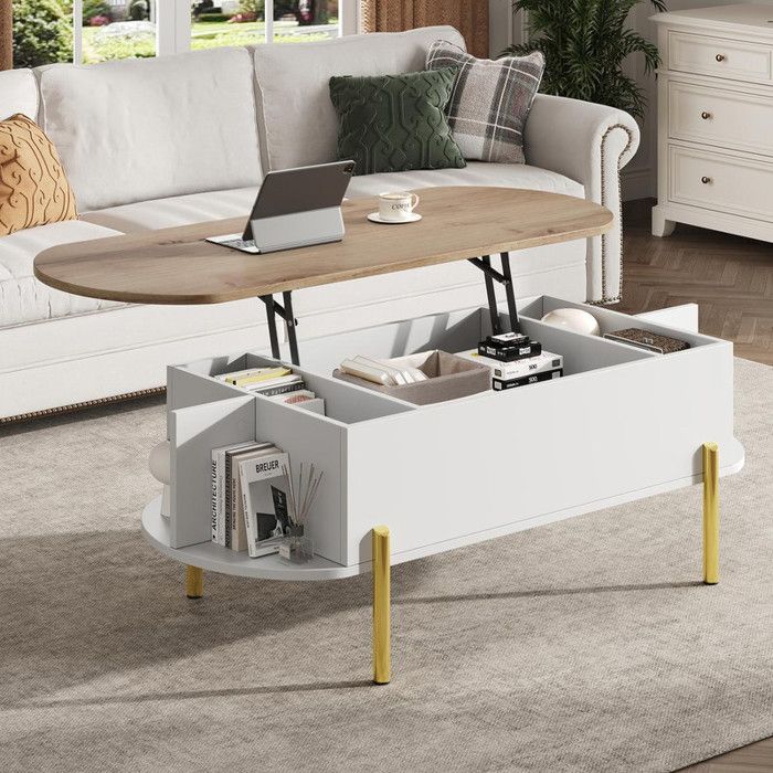 Table basse salon 120x50x43 cm avec plateau réglable en hauteur Table de salon avec espace de rangement caché couleur bois + blanc
