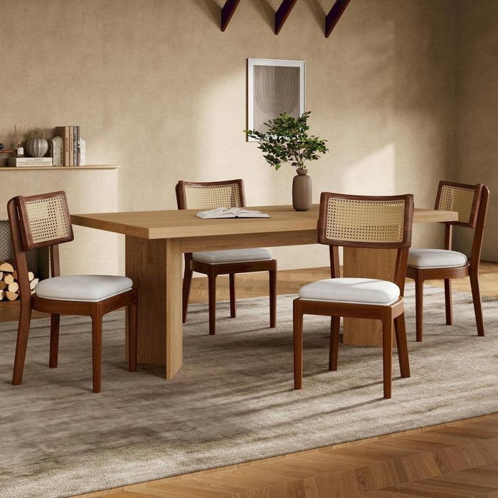Lot de 4 chaises salle à manger en bois massif avec dossiers en rotin confortables et respirantes Coussins en velours Noyer