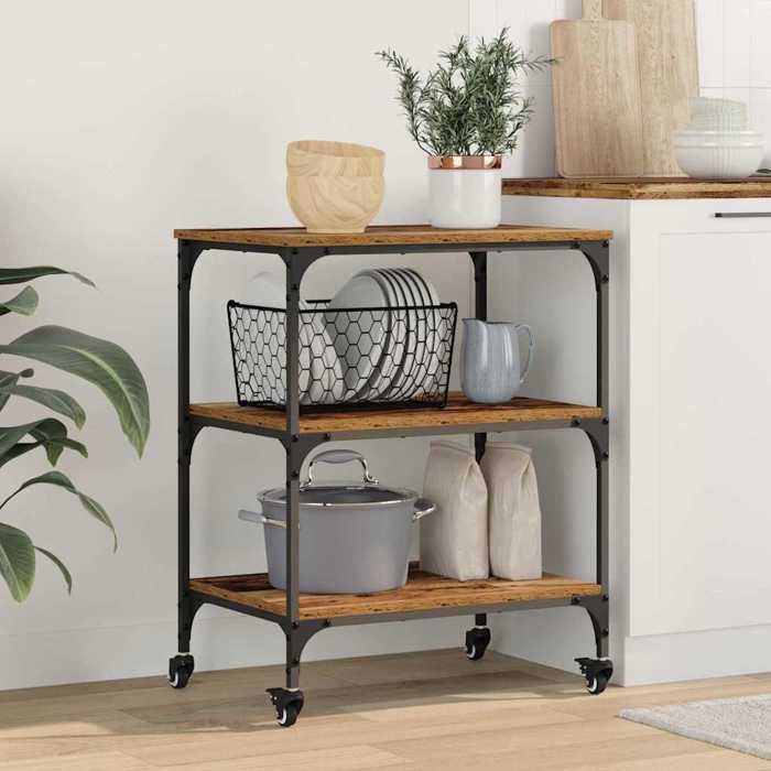 Moderne Chariot de cuisine - Desserte roulante Bois Ancien 60 x 41 x 76 cm@FR(502948）
