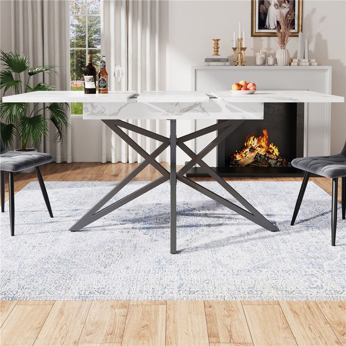 Table Salle à Manger Extensible 120-160 x 80 cm Table de Cuisine Rectangulaire pour 6 à 8 Personnes - Pieds Réglables Marbre