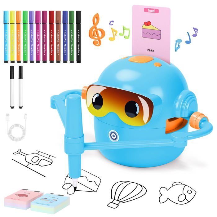 Robot Dessin Enfant - BLEOSAN - 100 Cartes (Animaux véhicules plantes) - Rechargeable - Stylo inclus - 3+ ans