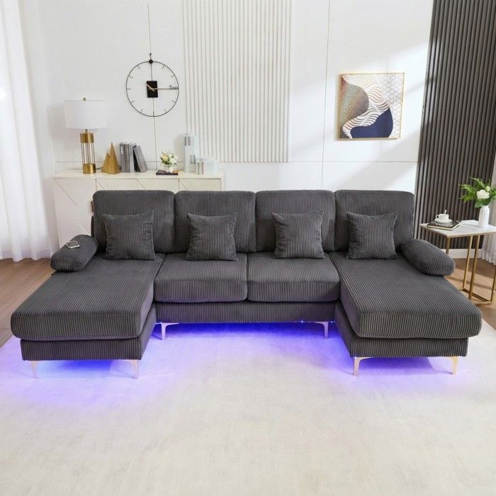 Canapé en U Moderne avec LED & USB-C - Velours Gris - 4 Coussins Dossier Ergonomique & Cadre Bois Massif - Confort Optimal