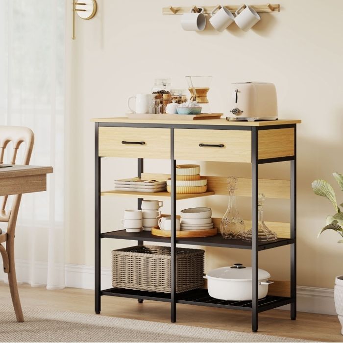 Maisentiel Buffet de cuisine industriel 90 x 40 x 91 cm 2 tiroirs et 3 étagères ouvertes
