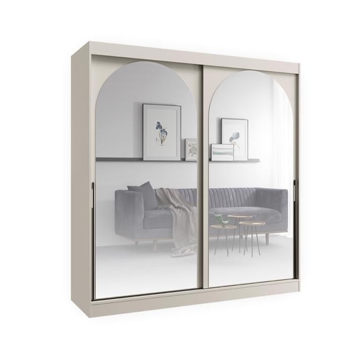 Bibliothèque en bois - OTITEC - 215x200x65 cm - Cachemire - Prêt à monter - Portes coulissantes - Miroirs intégrés
