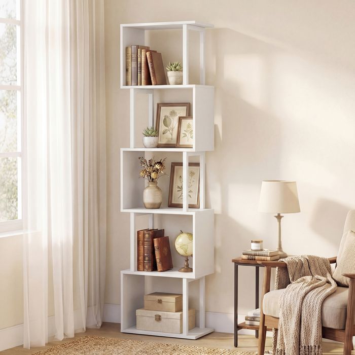 Bibliothèque sur Pieds à 5 Niveaux COSTWAY en Forme de S Cadre Métal Étagère Ouverte à Livres pour Salon Chambre Bureau Blanc