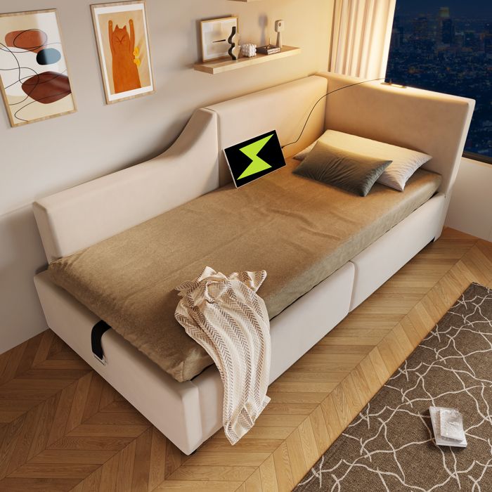 Lit coffre rembourré - MERAX - Daybed - Velours beige - USB-C & lampe de lecture - Sommier à lattes bois Lit coffre rembourré - MERAX - Daybed - Velours beige - USB-C & lampe de lecture - Sommier à lattes bois