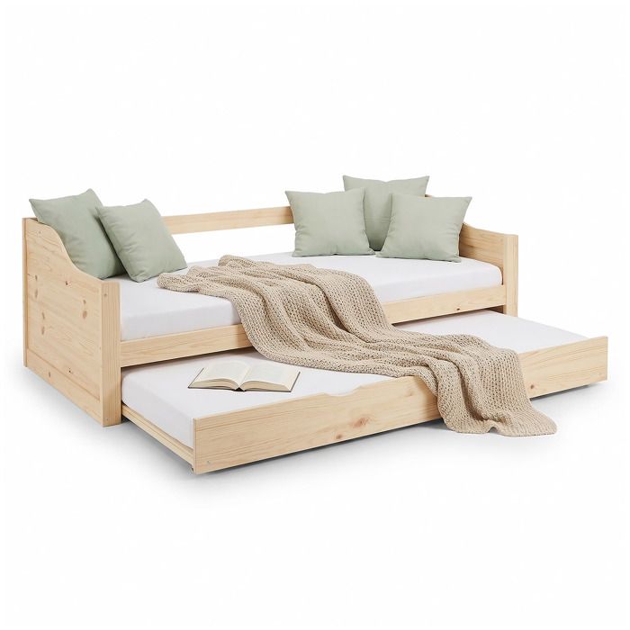 Lit en Bois 90x200 cm Naturelle Extensible en lit double Lit cabane avec sommier Chambre enfant adolescent invité