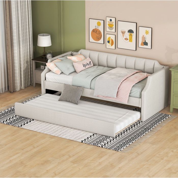 Lit enfant beige 90×200 cm avec lit gigogne 90×190 cm sommier inclus structure solide sans matelas