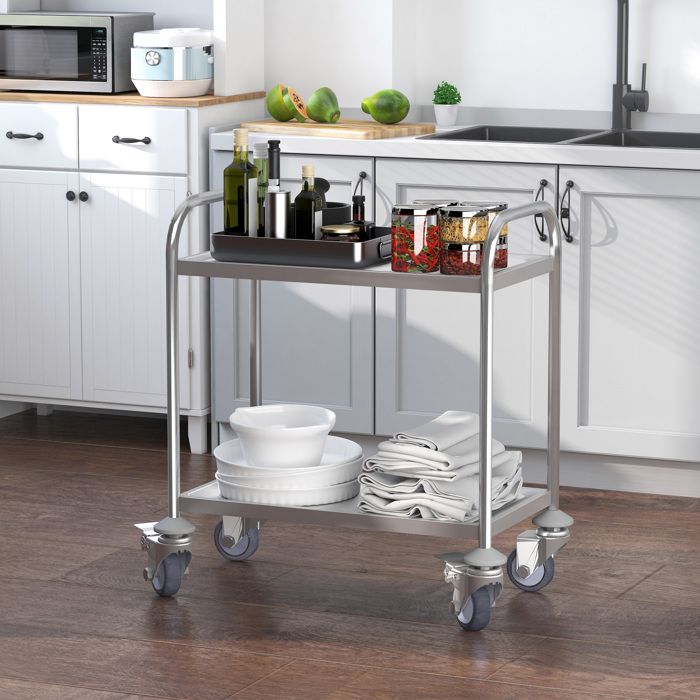 MOTHINESSTO306-Chariot de service desserte de cuisine à roulettes 2 étagères 80L x 45l x 82H cm acier inox. chromé