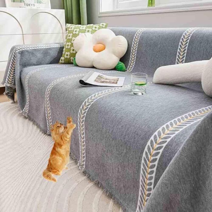 Plaid pour canapé - PZCC - Motif classique - Tissu chenille haute qualité - Antidérapant - Grande taille - Gris
