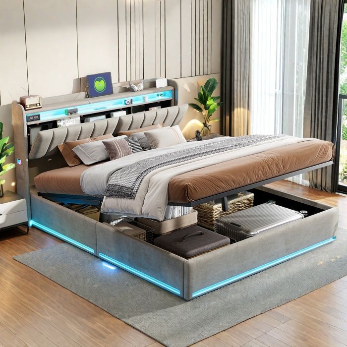 Lit Double -Anajqaqia-140x190cm- Lit Avec Rangement Et Éclairage Led- Ports de recharge USB et Type-C -Tissu Velours Gris - 2 places