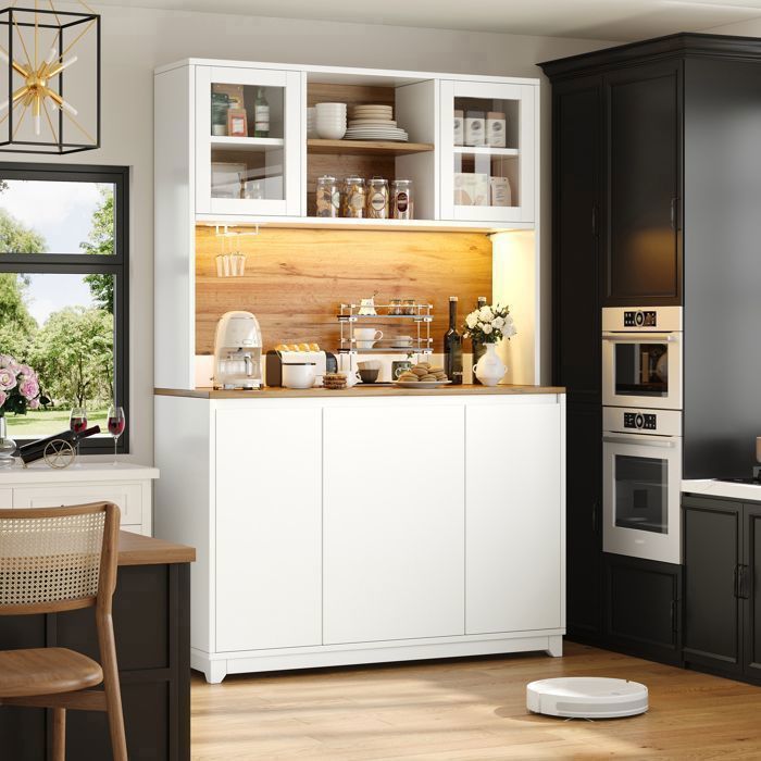 Buffet de cuisine 120x40x180 cm avec portes en acrylique LED multicolore rangements et porte-verres - Blanc