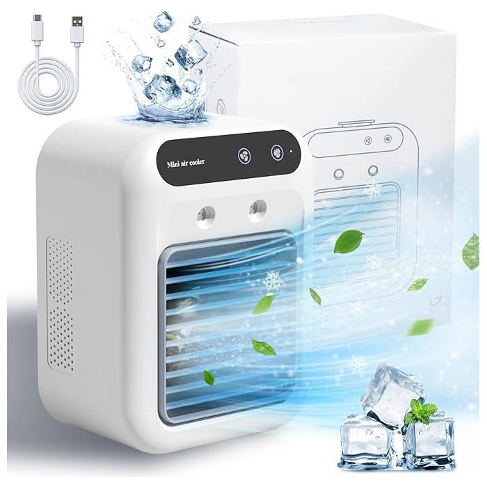 Climatiseur portable voiture rechargeable 25W double pulvérisation air frais ventilateur 2 vitesses pour chambre et bureau.