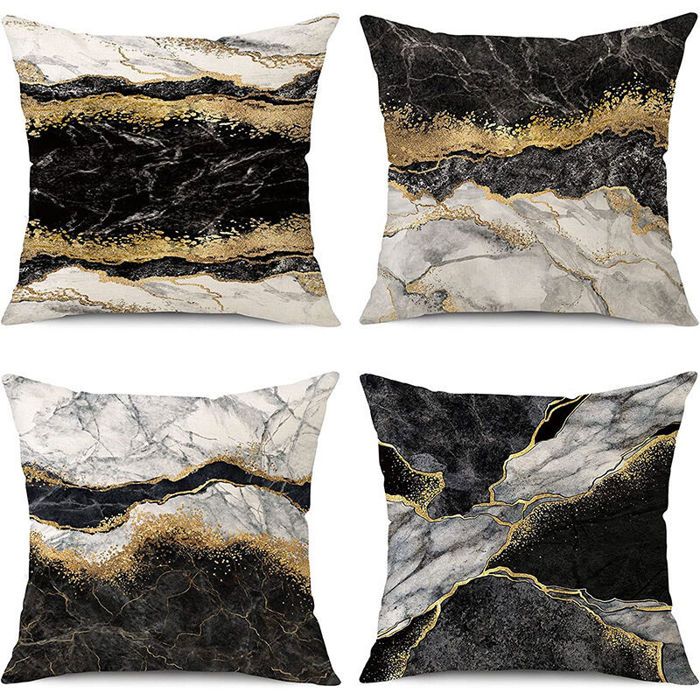 Lot de 4 housses coussin 45x45 cm marbre noir/or – déco salon & chambre
