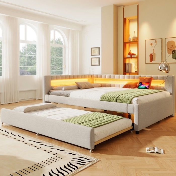 Lit jour - Zephmum - 140x200 LED télécommande tiroir extensible USB-C lin beige sans matelas