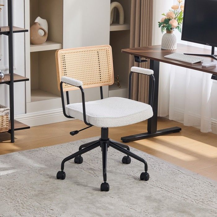 CollaHausse Chaise Bureau Vintage Rotin Roulettes Chenille Bois Ivoire