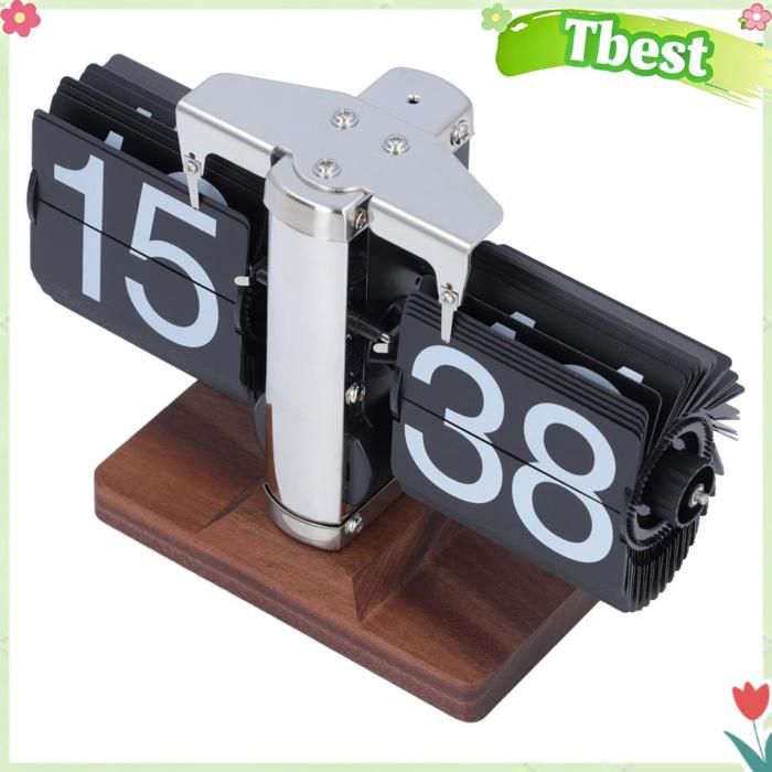 Tbest Horloge de bureau rabattable Horloge de bureau à rabat automatique rétro Base en bois facile à luminaire pendule Noire