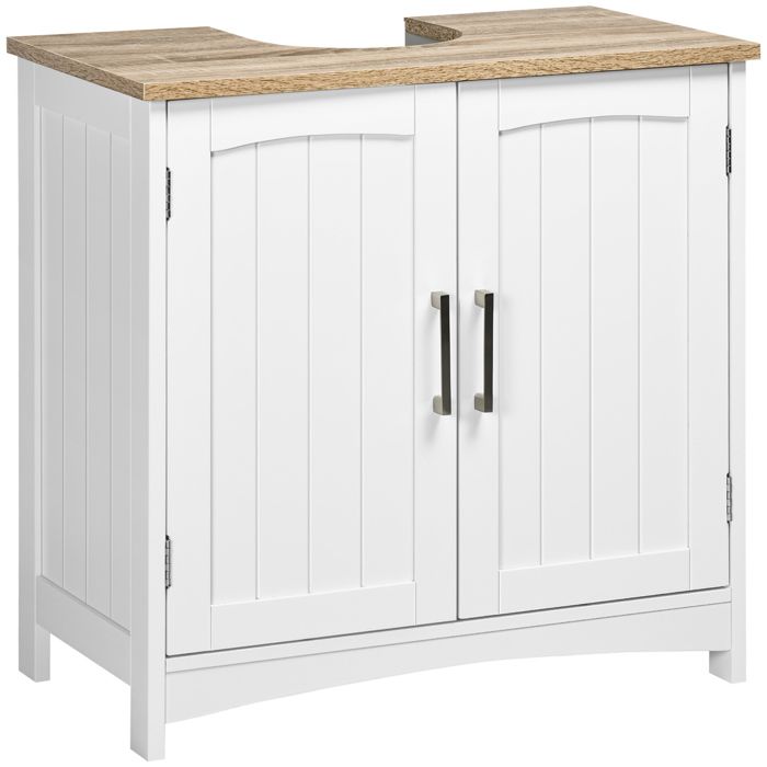 Meuble salle de bain sous lavabo - kleankin - double portes - étagères réglables - Blanc et bois naturel Meuble salle de bain sous lavabo - kleankin - double portes - étagères réglables - Blanc et bois naturel
