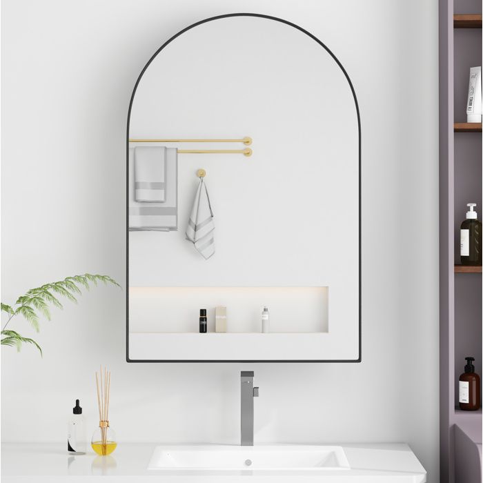 Modenuit Armoire miroir arquée noire 91 x 61 cm murale ou encastrable étagères réglables en verre