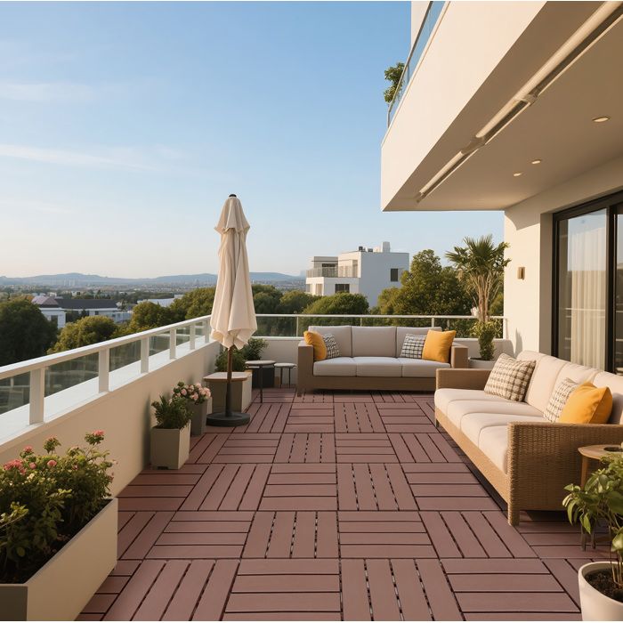 WOVREO Lot de 44 dalles de terrasse clipsables 30 5 x 30 5 cm en polypropylène marron pour intérieur extérieur