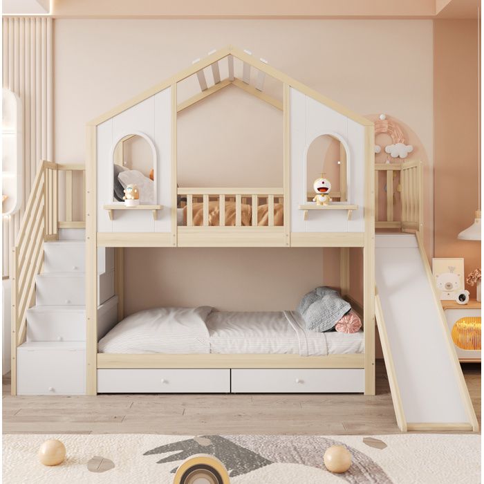 Lit superposé enfant 90 x 200 cm style cabane en bois naturel et blanc avec toboggan échelle de rangement et 2 tiroirs