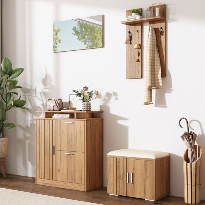 Ensemble D Entree Bois Naturel 5 Portes Meuble D Entree Moderne FloraGrace Pour Hall Et Couloir Assise Rembourree 140x35x133cm
