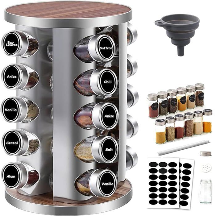 Tour à Épices Rotatif 360° avec 20 Pots en Verre - Support Épices en Acier Inoxydable 430 Organisateur de Cuisine et Barbecue - Éta