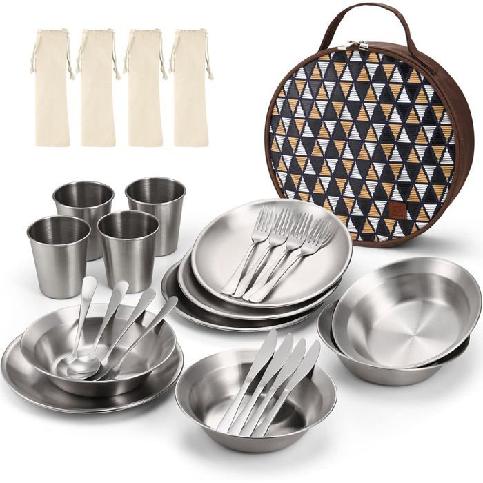 Set de 25 couverts camping en acier inoxydable - vaisselle portable 4 personnes avec sac de rangement pour pique-nique et plein air