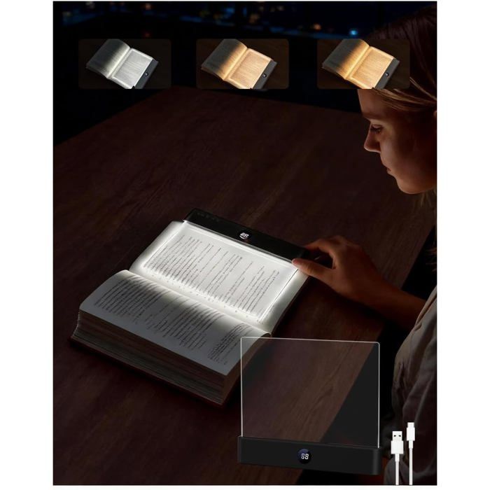Lampe de lecture LED plate sans fil USB rechargeable 1200 mAh - 3 températures de couleur minuteur intégré - 185 x 153 x 225 cm