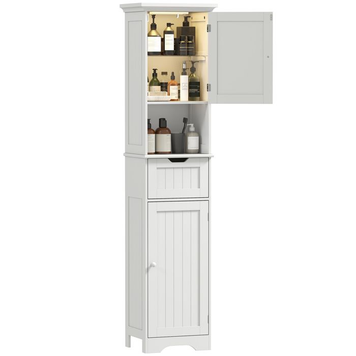 Meuble colonne salle de bain avec éclairage LED meuble de rangement étroit tiroir 2 portes 40x30x170cm blanc