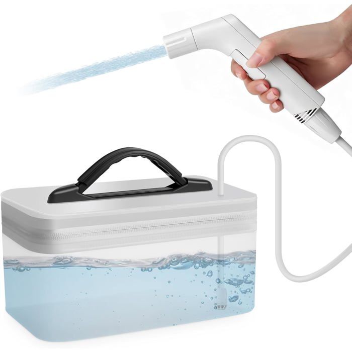 Bidet électrique portable 23 L 2 modes buse 180° tuyau 12 m rechargeable USB voyage camping toilettes blanc