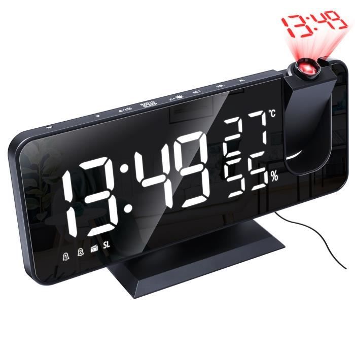 Réveil Projection ThreeH 7.4'' Avec Chargeur USB - Rotatif 180° Radio FM Miroir Blanc