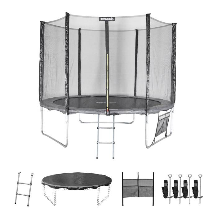 SWEEEK Trampoline de jardin Mars XXL Gris - 305 cm - Filet de protection, &eacute;chelle, b&acirc;che, kit d'ancrage