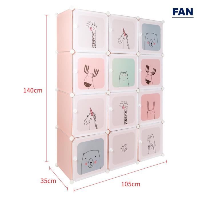 Armoire Penderie 12 Cubes en PP FAN Rose Gain de place et