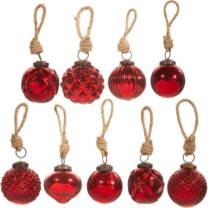 Lot de 6 boules de Noël vintage en verre rouge et or